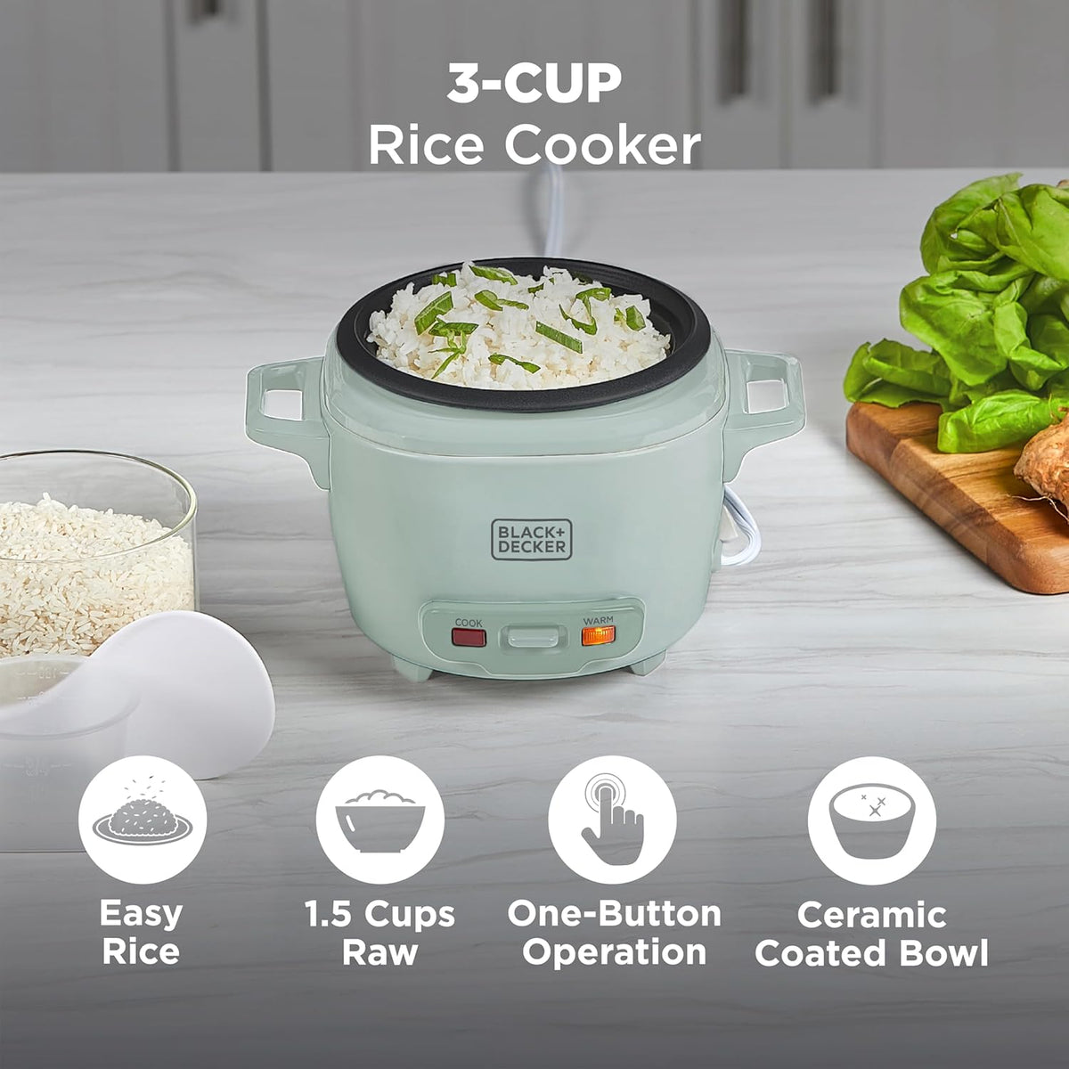 BLACK+DECKER 3-Cup Rice Cooker with Ceramic Pot, Surf Spray