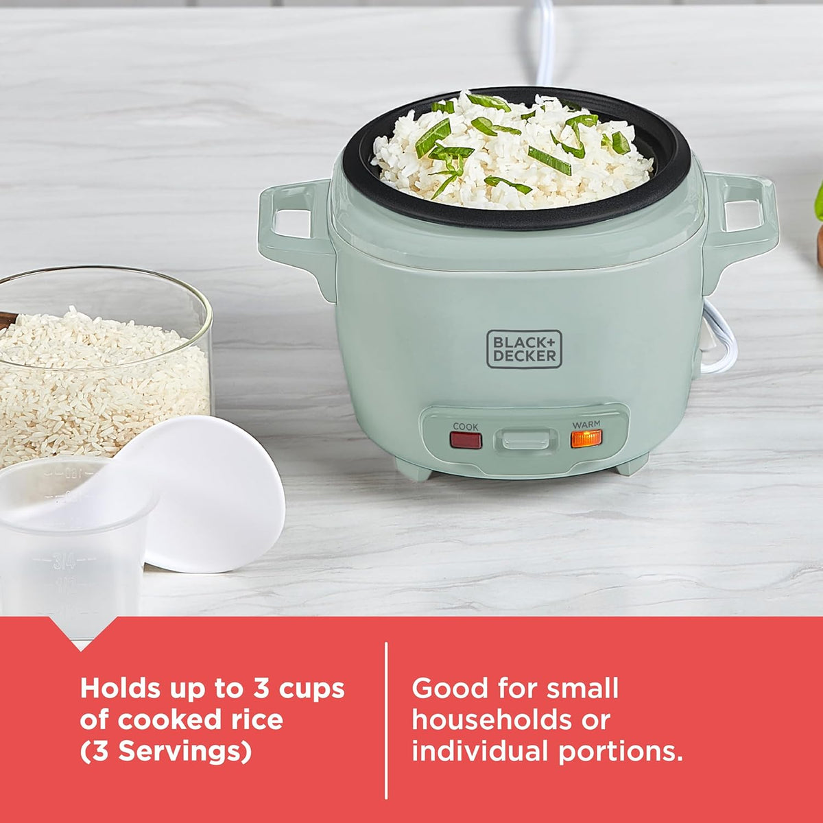 BLACK+DECKER 3-Cup Rice Cooker with Ceramic Pot, Surf Spray