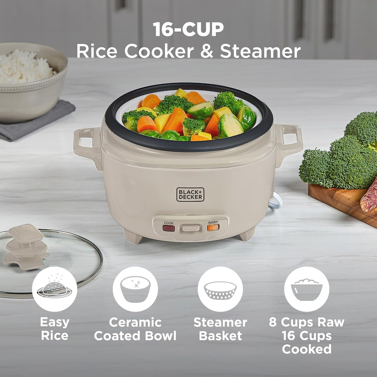 BLACK+DECKER 3-Cup Rice Cooker with Ceramic Nonstick Pot