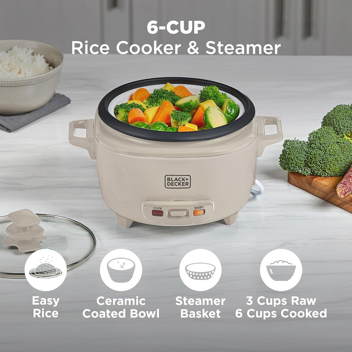 BLACK+DECKER 6-Cup Rice Cooker with Steaming Basket