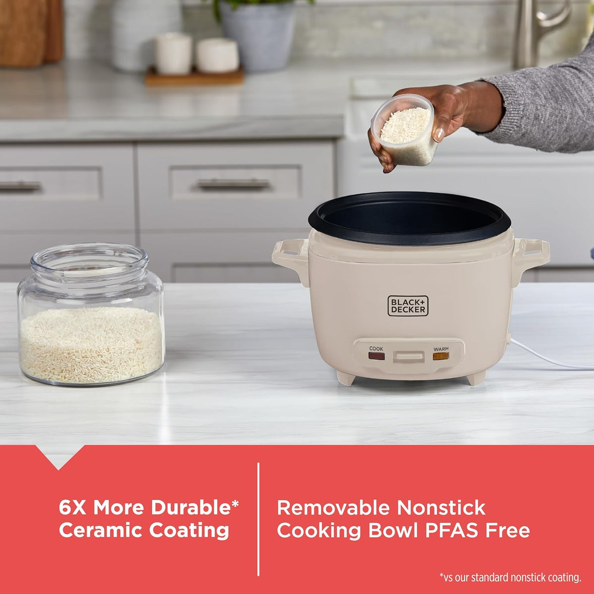 BLACK+DECKER 3-Cup Rice Cooker with Ceramic Nonstick Pot