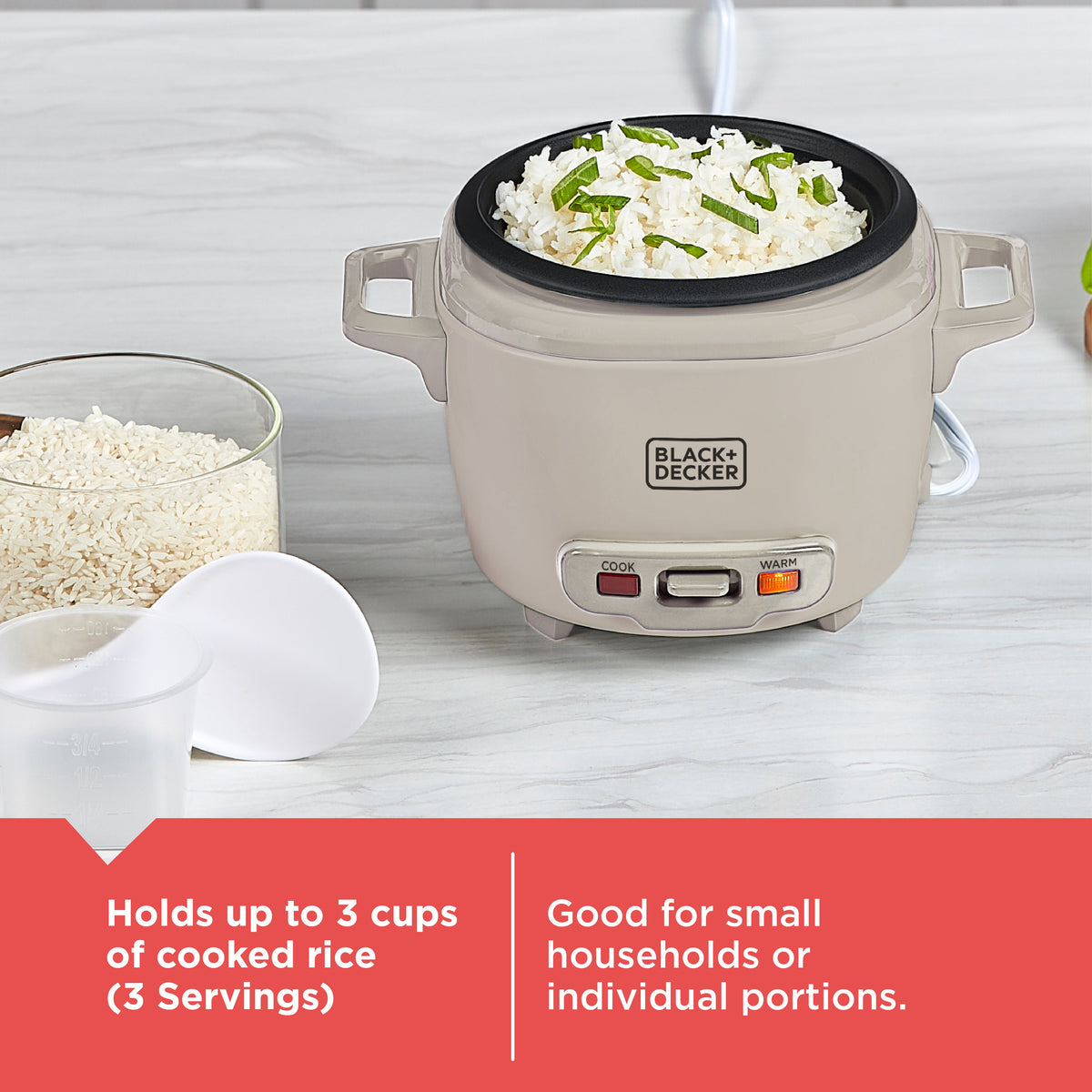 BLACK+DECKER 3-Cup Rice Cooker with Ceramic Nonstick Pot