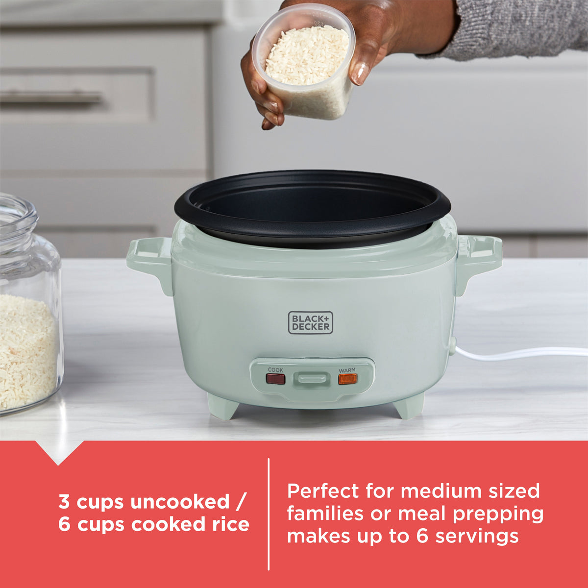 BLACK+DECKER 6-Cup Rice Cooker with Steaming Basket, Surf Spray