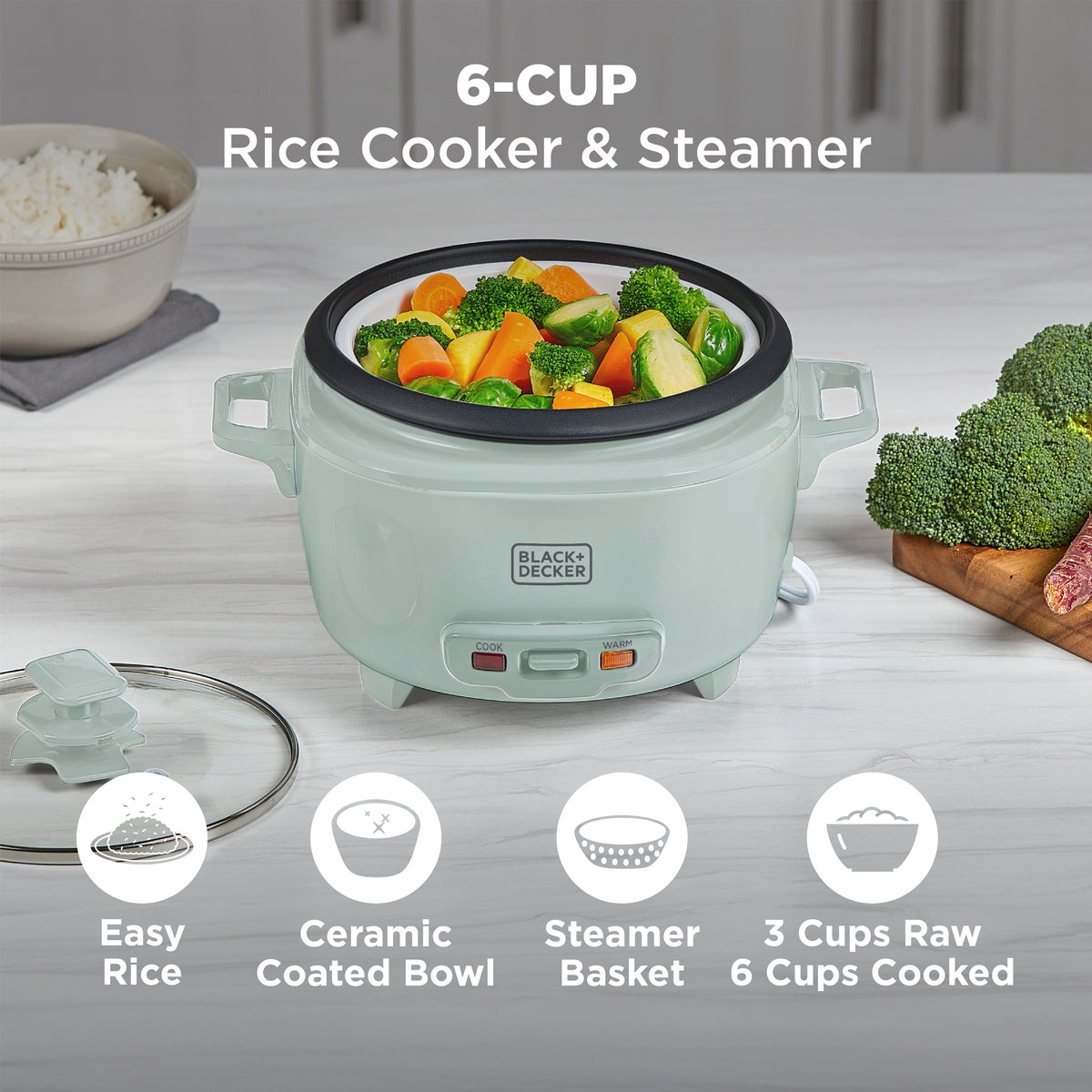 BLACK+DECKER 6-Cup Rice Cooker with Steaming Basket, Surf Spray