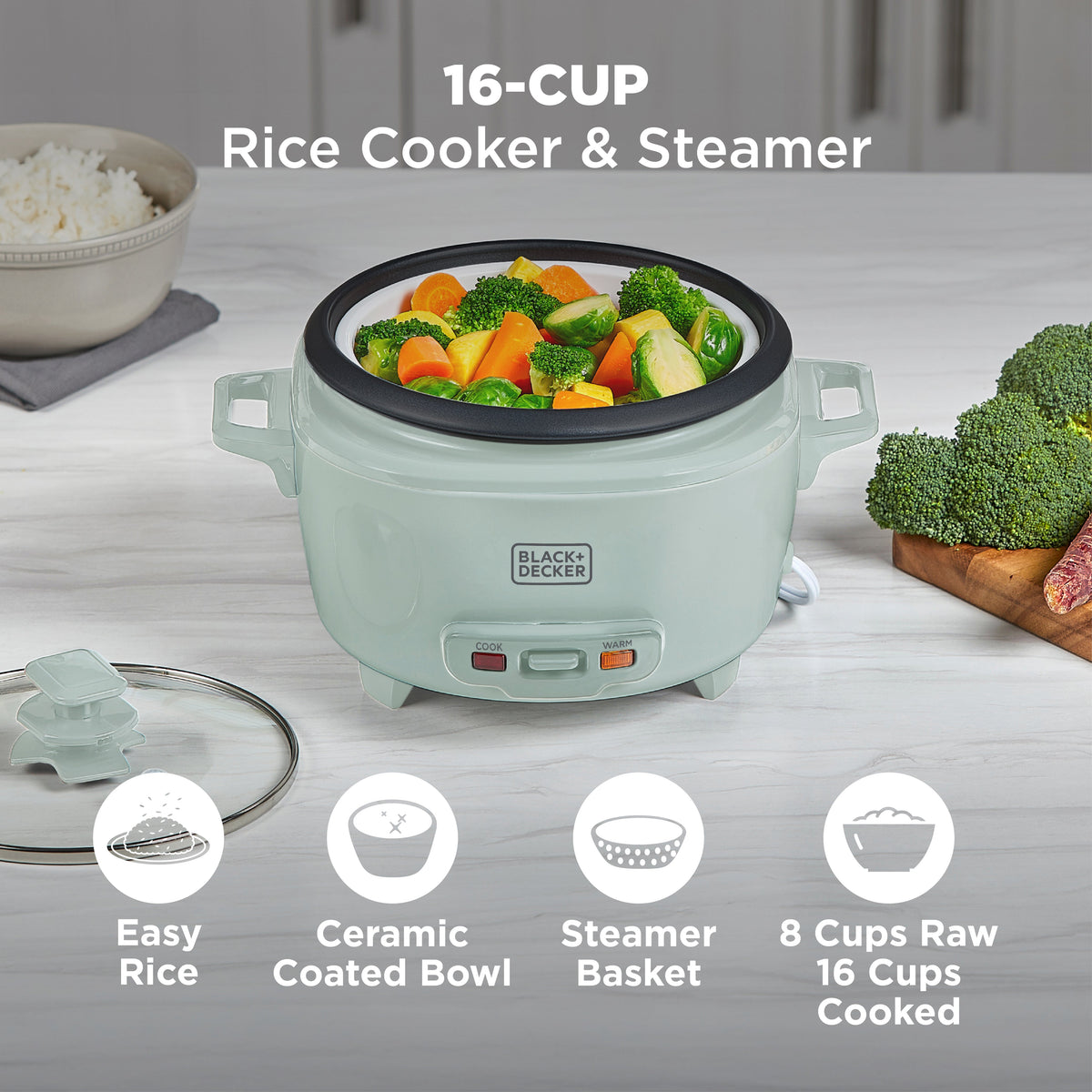BLACK+DECKER 16-Cup Rice Cooker with Steaming Basket, Surf Spray